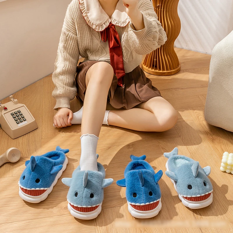2023 New Shark Cotton Slippers Men's and Women's Cartoon Animal Home Shoes Winter Padded Warm Thickened Flat Slippers Warm Shoes