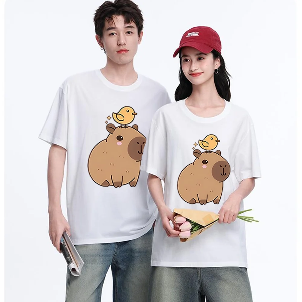 Capybara And Bird Printed T Shirt Breathable Fabric S-XXL Personalized Custom Aesthetic Graphic Top Unisex Fit Casual Short Slee