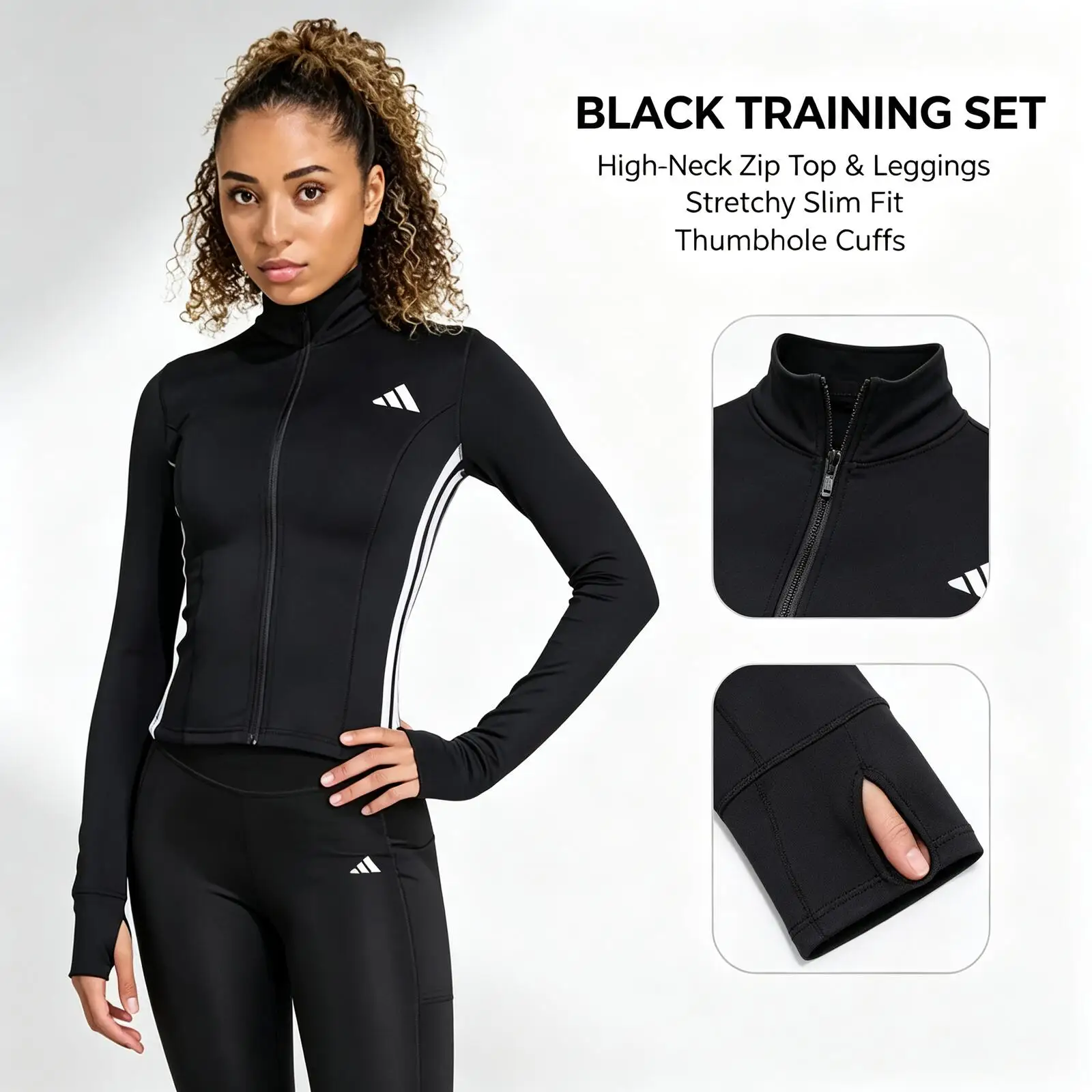 Adidas WE JKT 3S KB7843 Black High-Neck Training Set Zip Long Sleeve Top Tight Leggings Stretch Slim Fit Workout Activewear 