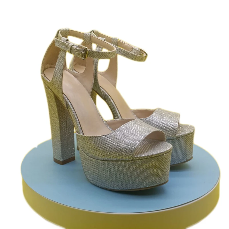 SHOFOO Fashionable women's high-heeled sandals Beige sandals About 13cm heel height Coarse heeled sandals Summer women's shoes
