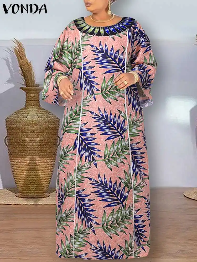 Plus rozmiar 5XL VONDA artystyczna sukienka Maxi damska długi, rozszerzony rękaw z nadrukiem Sundress luźna elegancka przyjęcie świąteczne Vestido