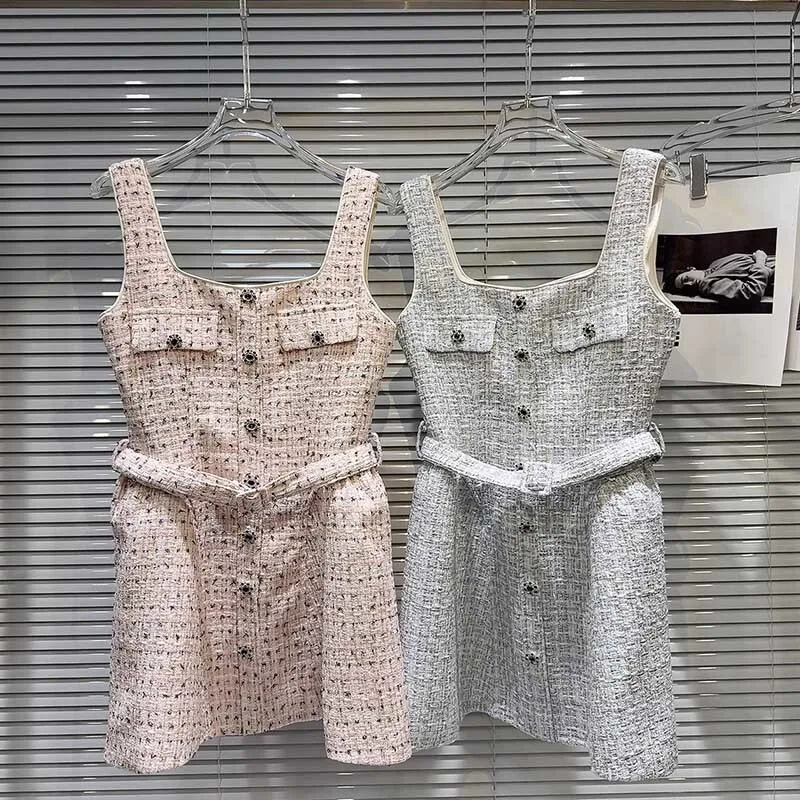 

Elegant Single-breasted Design Sleeveless Dress Fashion Women's Diamond Buckle Woven Tweed Belt Vest Dresses