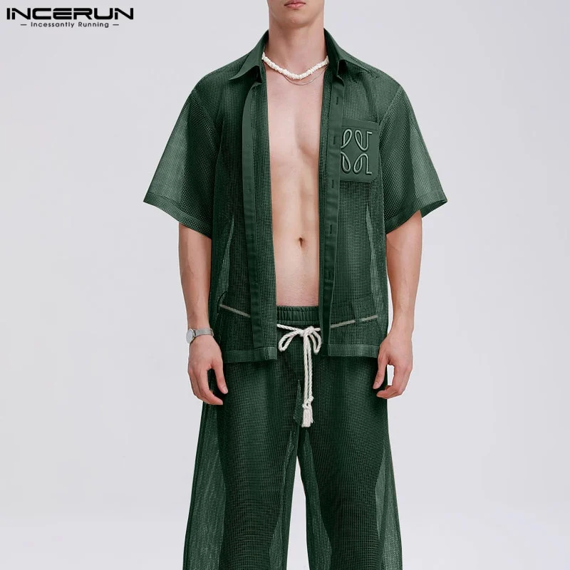 Set da uomo Mesh Patchwork See Through Camicie e pantaloni sexy a maniche corte Set da due pezzi Streetwear 2025 INCERUN Abiti casual da uomo