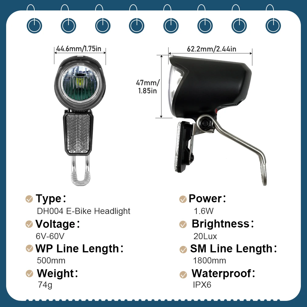

Electric Bicycle Headlights DH004 6V-60V For Electric Bicycle Scooter High Performance Accessories