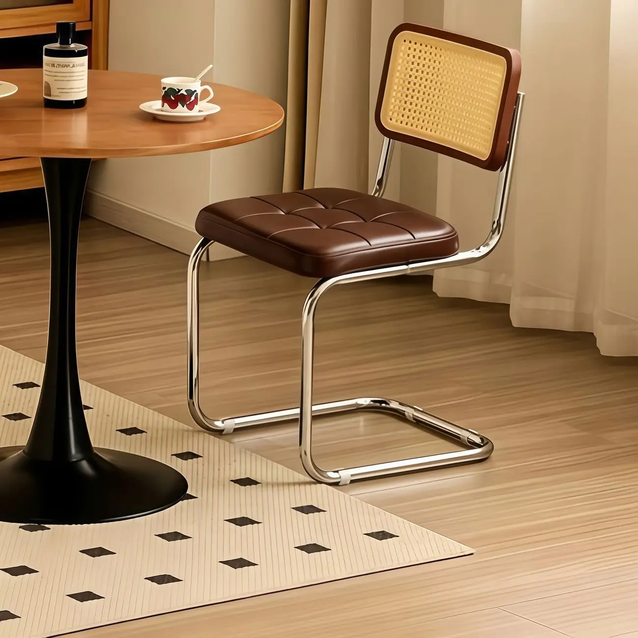 Mid Century Modern Cantilever Dining Chair Chrome Steel Frame Rattan Backrest Brown PU Leather Tufted Seat Kitchen Living Room