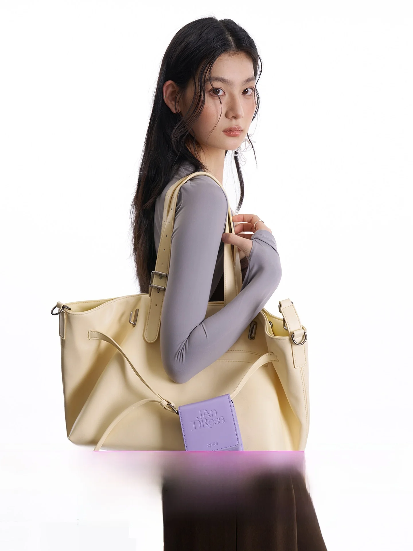 Original JANDRESS Cream Yellow Multi-Shape Tote Bag Large Capacity Commuter Crossbody Bag Soft PU Leather Single Shoulder Han...