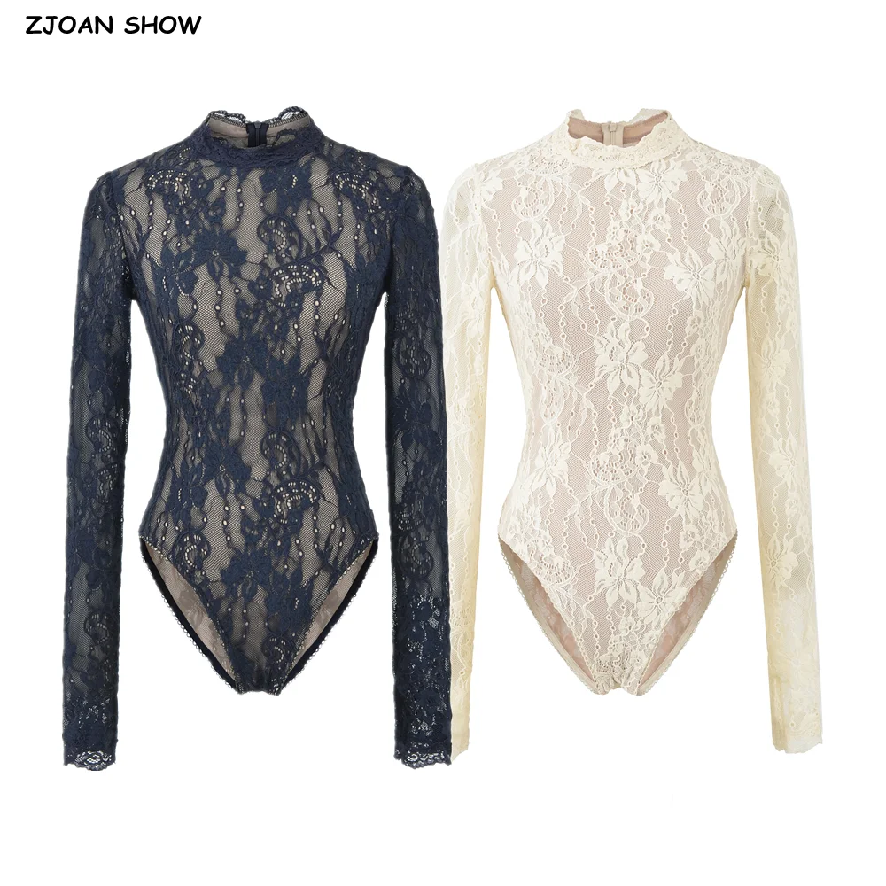 Spring Sexy See Through Lace With Lining Stand Neck Long Sleeve Bodysuit Woman Tight Short Jumpsuit Slim Fit Rompers Playsuits