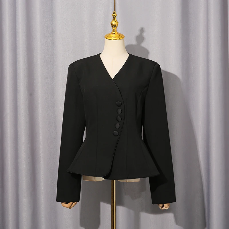 معاطف تونيك للتخسيس بأزرار مقسمة غير رسمية من KBQ للنساء بياقة على شكل V وأكمام طويلة سترات أنيقة بسيطة للسيدات موضة الخريف