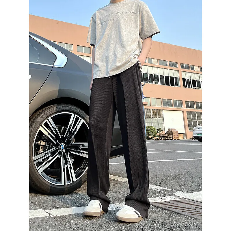 Summer Casual Pants Men Fashion Gray Wide Leg Pants Men Streetwear Korean Loose Ice Silk Pants Mens Pleated Pants Man Trousers