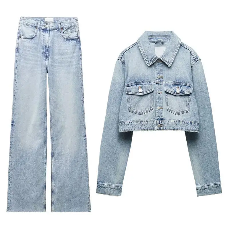 

Women Denim Jacket + Jeans Two Piece Set 2024 New Lapel Loose Short Denim Jacket Wide-Leg Jeans Women Spring Autumn Women Set