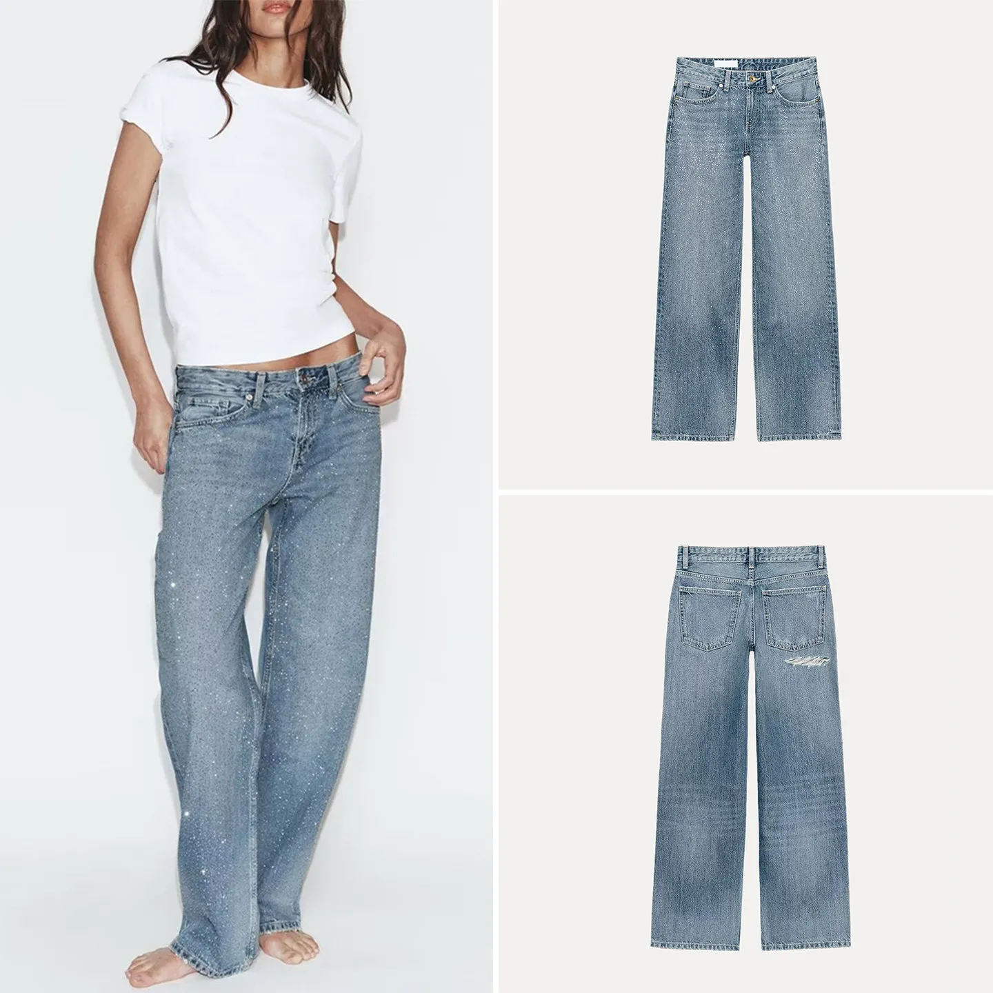 

Low Waist Straight Leg Jeans Women's Summer Casual Glitter Washed Denim Pants ZADATA Brand Natural Waist Hole Punching