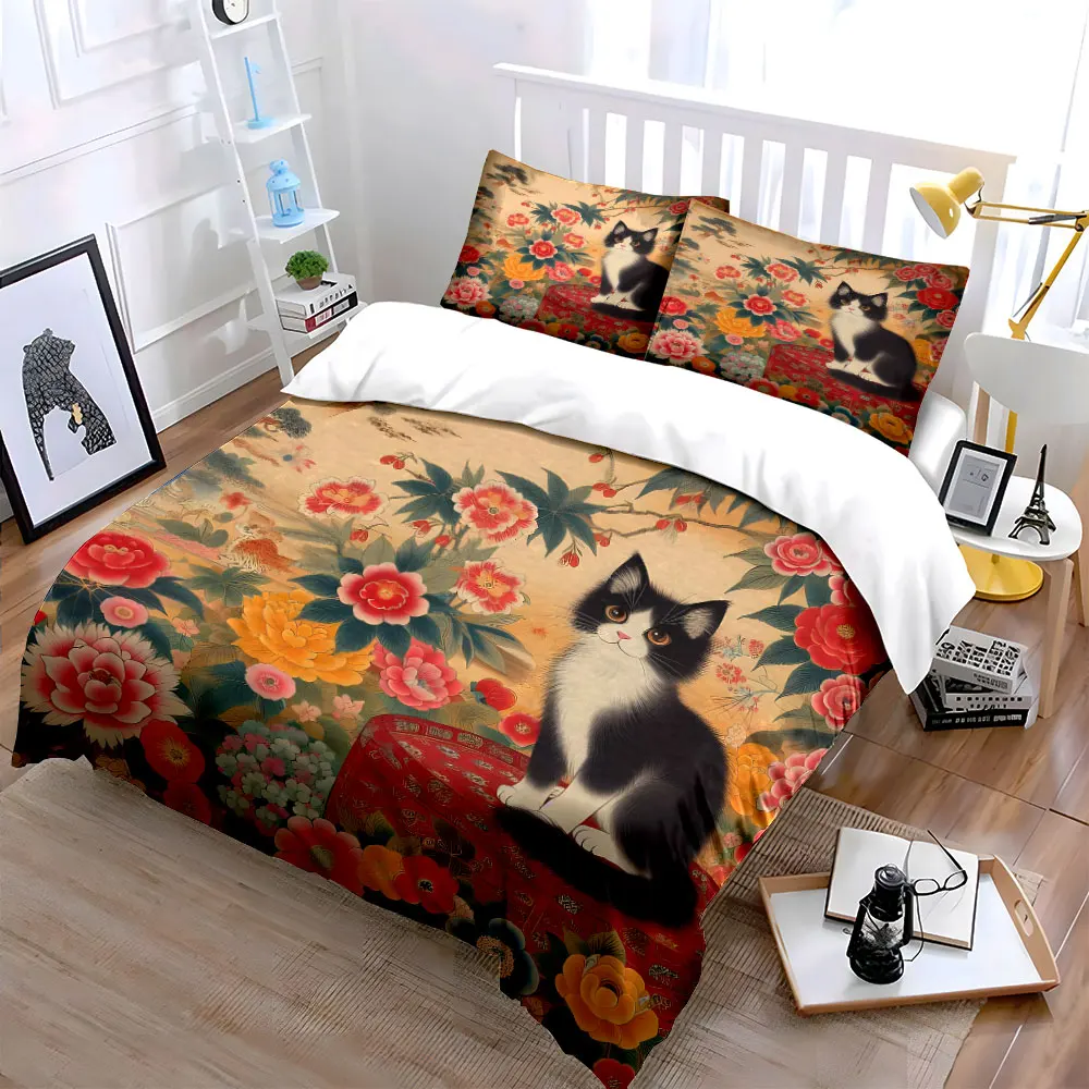 

"Floral Elegance with Charming Cats" Exquisite three-piece bedding set gift for kids and adults
