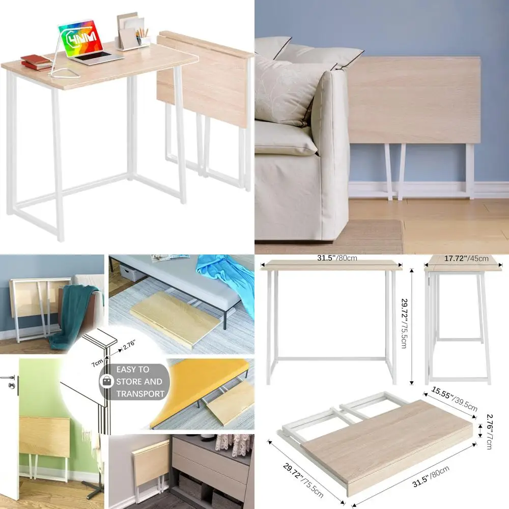 

Compact Folding Desk, Portable Home Office Desk, Space-Saving Writing Table for Bedroom, Easy Assembly, Natural & White
