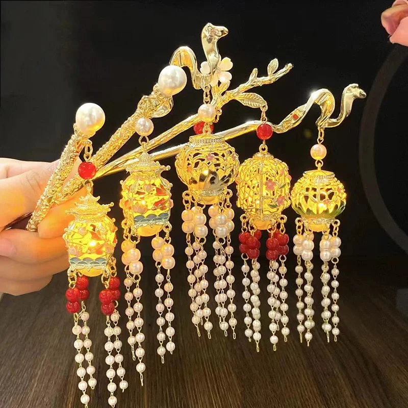 Hot selling lighting hairpin in the scenic area palace fairy lantern hairpin hair accessory coiled hair hairpin Hanfu headwear