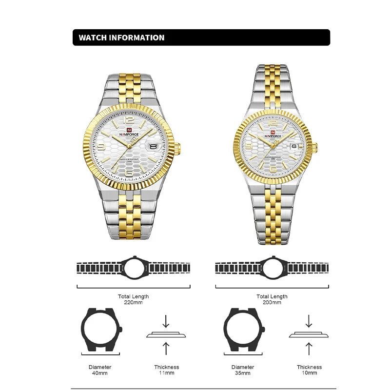NAVIFORCE New Lover Watches 3ATM Waterproof Quartz Calendar Stainless Steel Fashionable Elegant Daily Wear Wristwatch for Couple