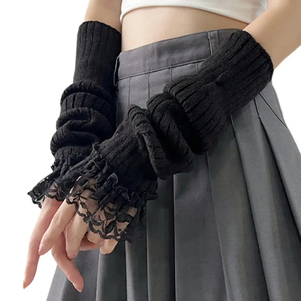 ถุงมือยาวแบบไม่มีนิ้ว สีดำ สีขาว ถุงมือครึ่งนิ้ว ถักไหมพรม ปลอกแขน Y2K สาวพังก์ กอธิค ลูกไม้ ถุงมือระบาย