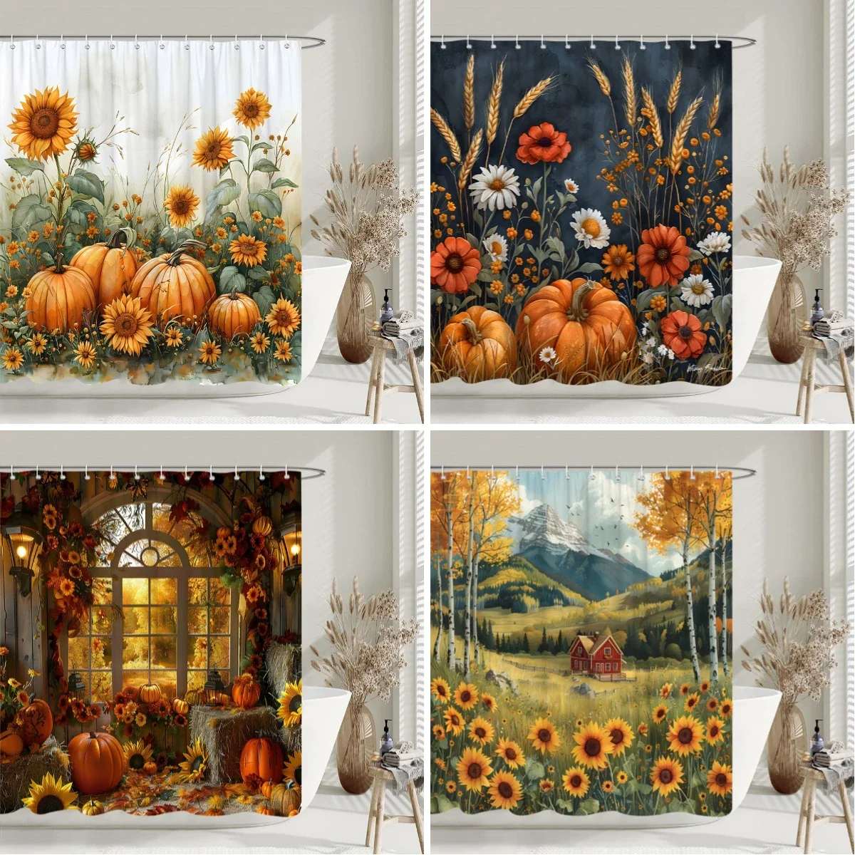 Rustic Farms Pumpkin Shower Curtain Thanksgiving Autumn Sunflower Polyester Fabric Shower Curtain Bathroom Decorative with Hooks