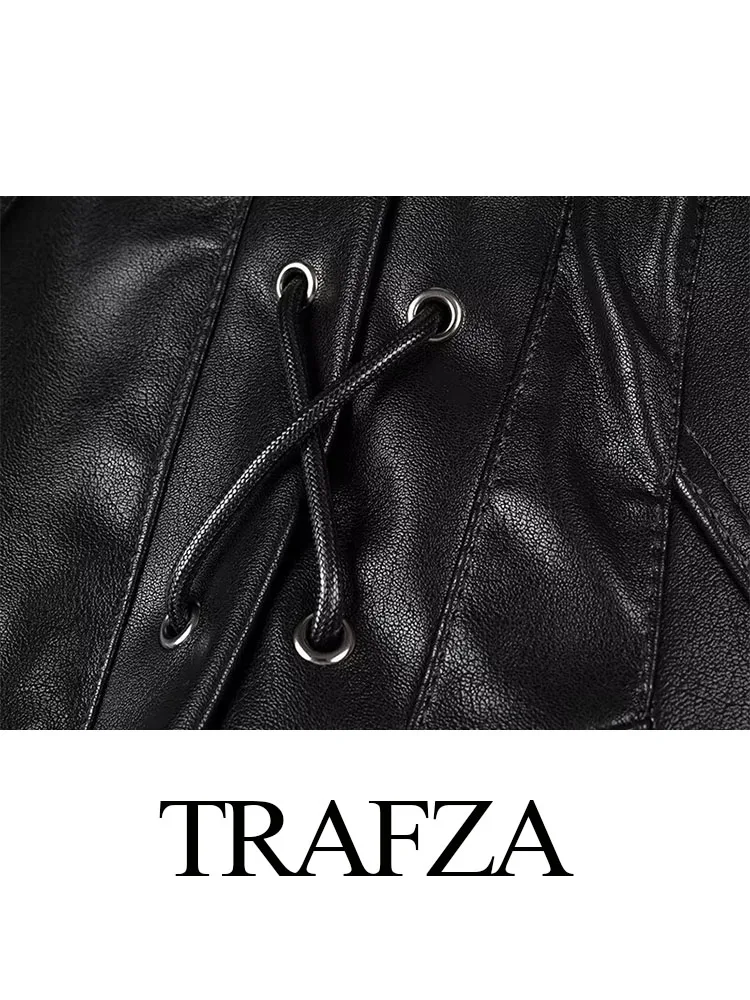 TRAFZA  Women\'s Autumn Winter Vintage Coat Tops Female Turn Down Collar Lace Up Street Fashion Single Button Long Sleeves Jacket