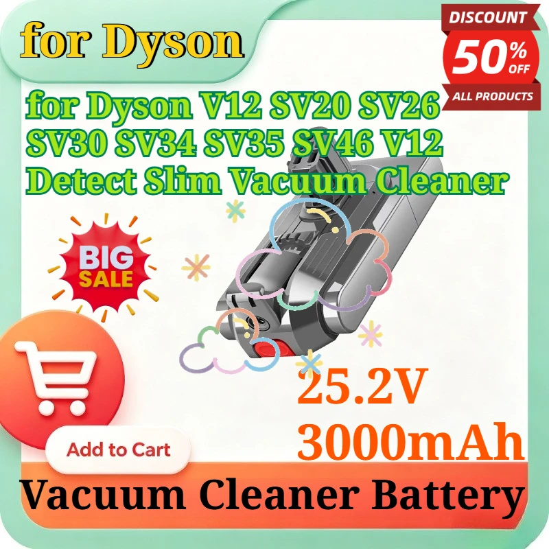 25.2V 3000mAh Replacement High Capacity Battery for Dyson V12 SV20 SV26 SV30 SV34 SV35 SV46 V12 Detect Slim Vacuum Cleaner
