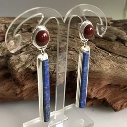 Ethnic Style Long Vertical Lapis Lazuli Drop Earrings Vintage Jewelry Handmade Round Red Stone Pendant Earrings for Women