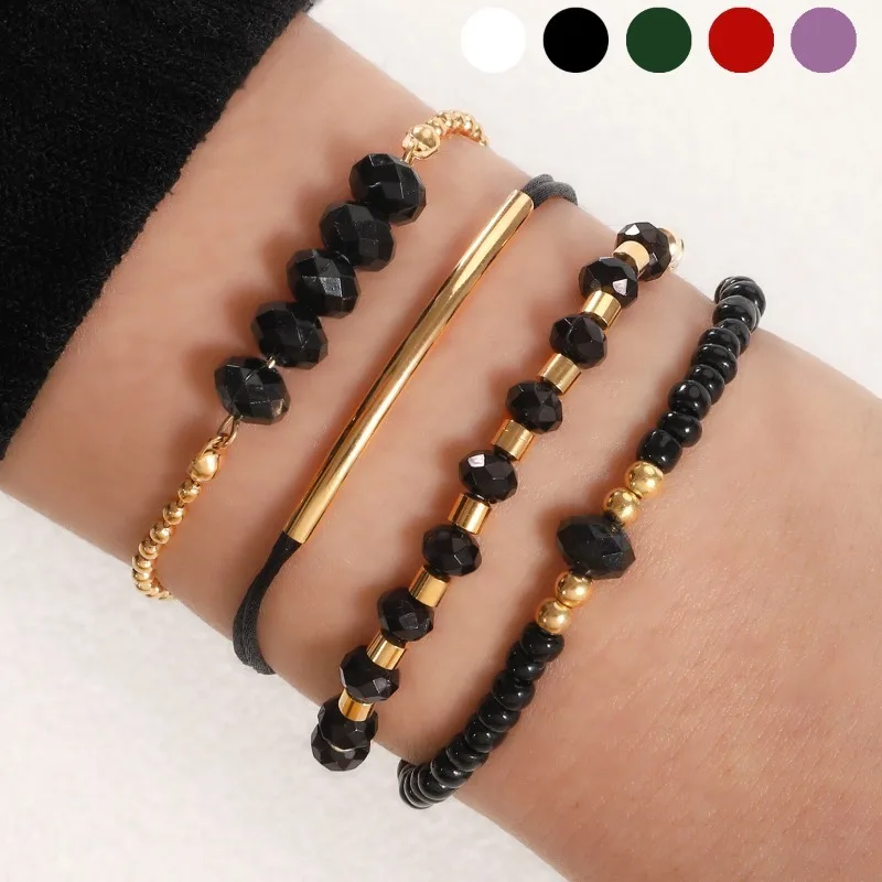 

New Four Piece Retro Hand Woven Five Color Rice Bead Versatile Women's Bracelet Jewelry Set