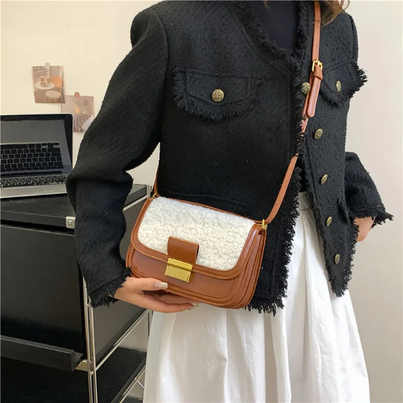 High-End Texture Women\'s Underarm Shoulder Bag Fashion Lamb Wool Splice Design New Crossbody Bag Retro All-Matching Commuter Bag