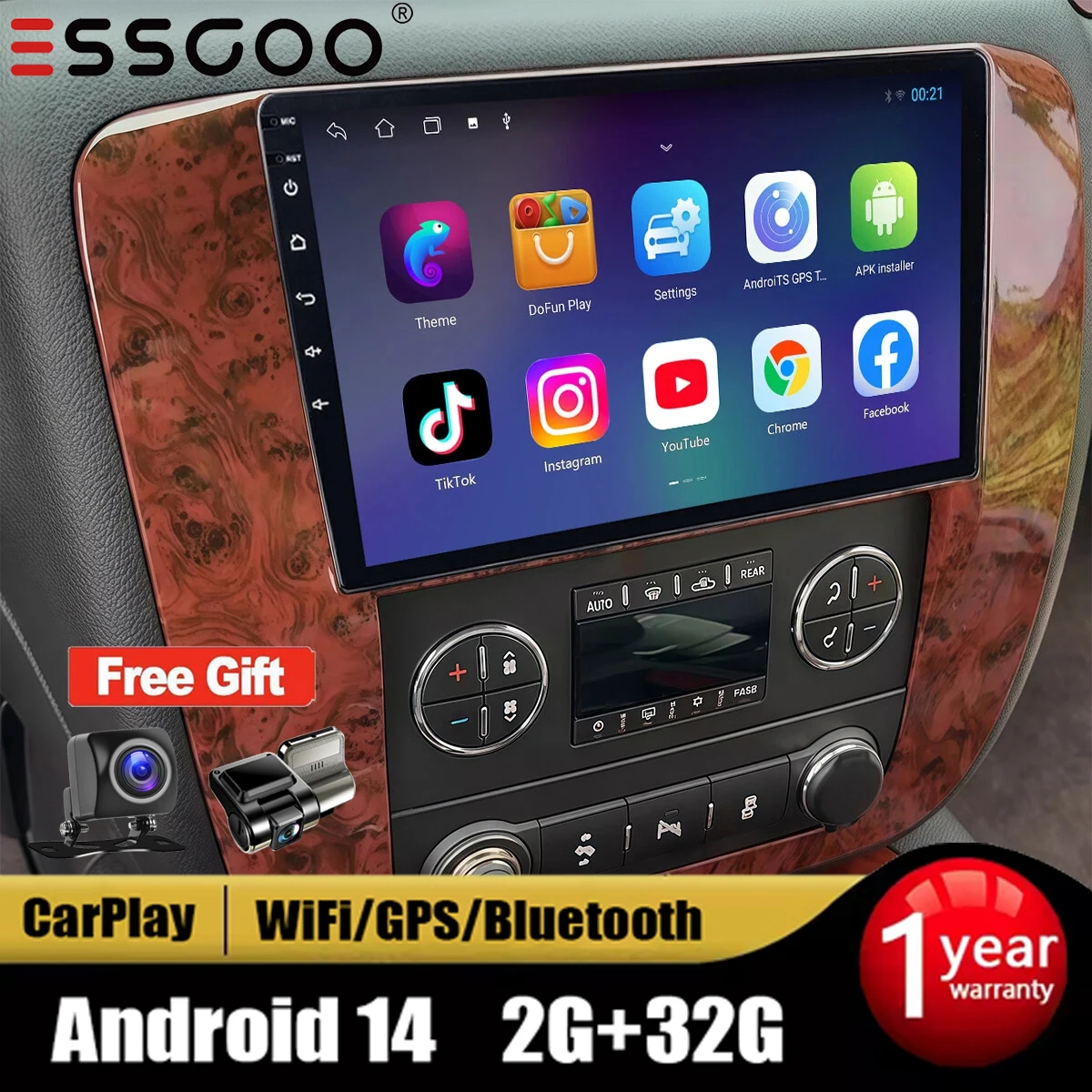 9インチ GMC シボレー 2007-2014 タホ サバーバン ワイヤレスCarPlay Android14 ラジオ ステレオ WiFi GPS Bluetooth タッチスクリーン SWC+DVR&カメラ