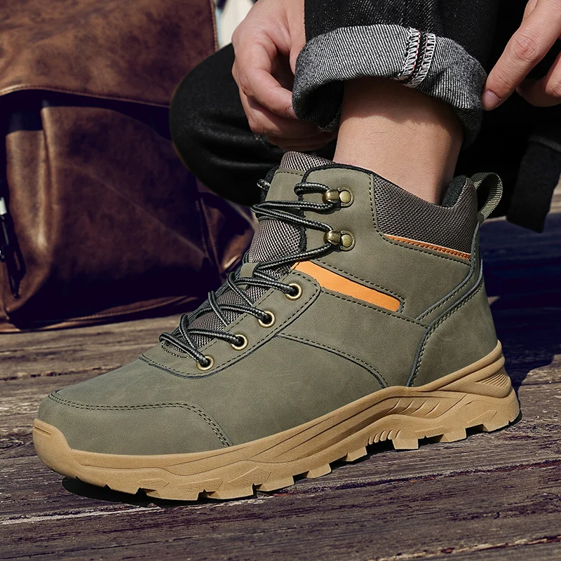 

Men'S Autumn High Top Boots High Quality Leather Hiking Shoes Fashionable Outdoor Anti Slip And Waterproof Large Sizes 39-48