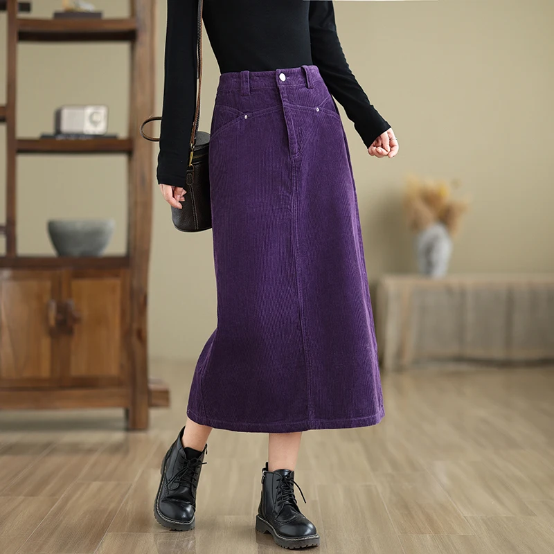 ارتفاع الخصر سروال قصير ميدي تنورة اللون الأرجواني تنوعا Quali الخريف الشتاء ألف خط تنورة تخفيف Sle Cosite النسيج