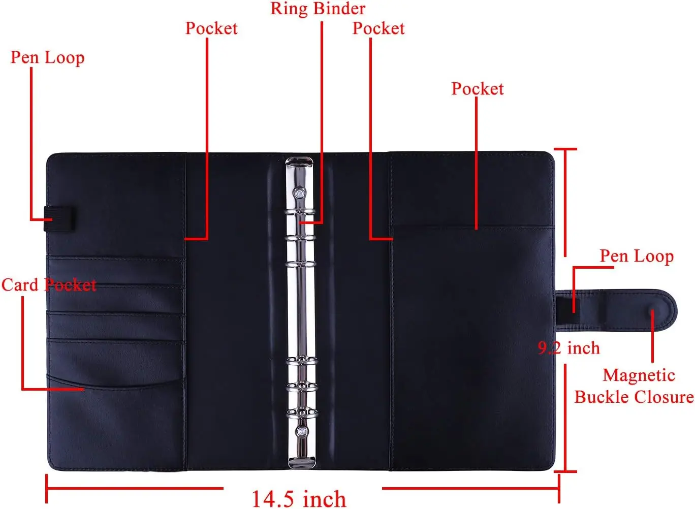 New A5 PU Leather Binder Cover with Magnetic Buckle Closure, 6 Ring Personal Notebook for Organizing Planner, Photo Card Sleeves