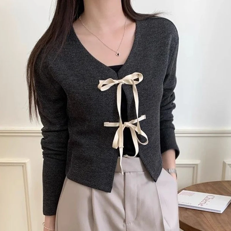 Spring Autumn New Round Neck Fashion Long Sleeve Knitting Cardigan Women High Street Elegant Casual Bow Lacing Comfortable Tops