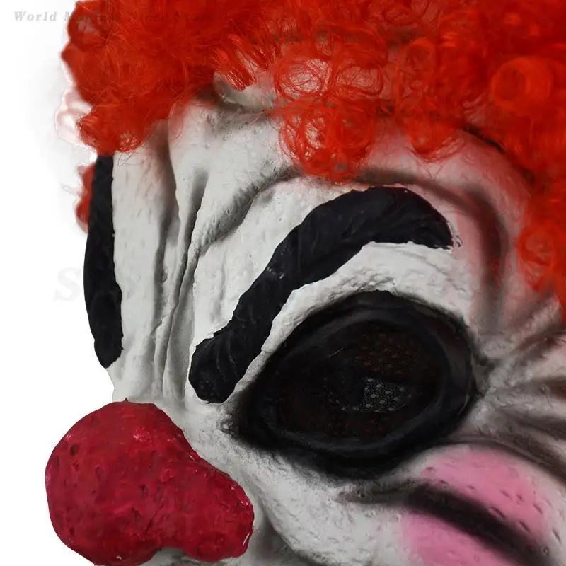 Horror Halloween Maschera da clown Capelli rossi Bocca grande sopra la testa Maschera in lattice Spaventoso Clown Puntelli Cosplay Accessori divertenti Parodia Prop