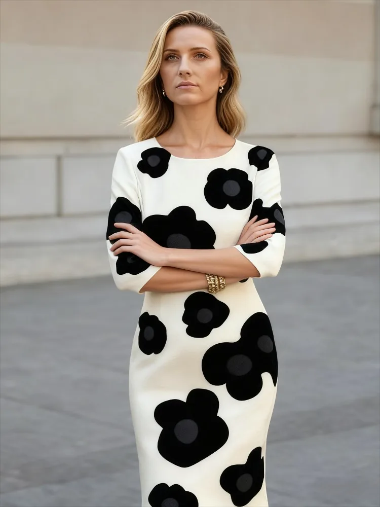 Abito longuette da donna con stampa floreale grande autunno Moda manica a tre quarti Una linea elegante tendenza casual da indossare ogni giorno Abito da ospite per feste