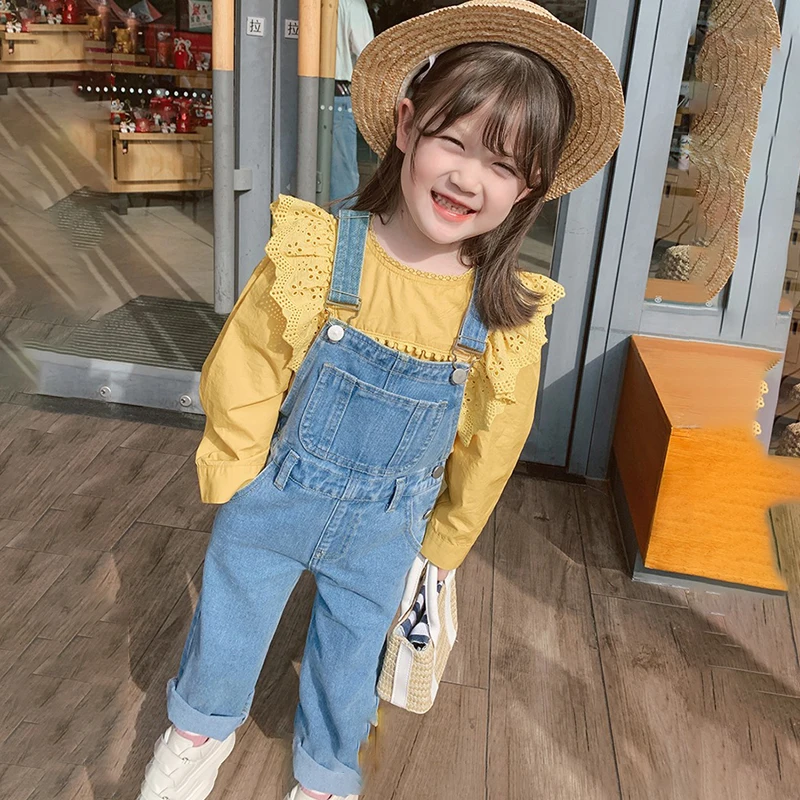 Children Overalls Girls Denim Pants 2023 New Spring Autumn All-match Jeans Toddler Kids Loose Suspender Trousers