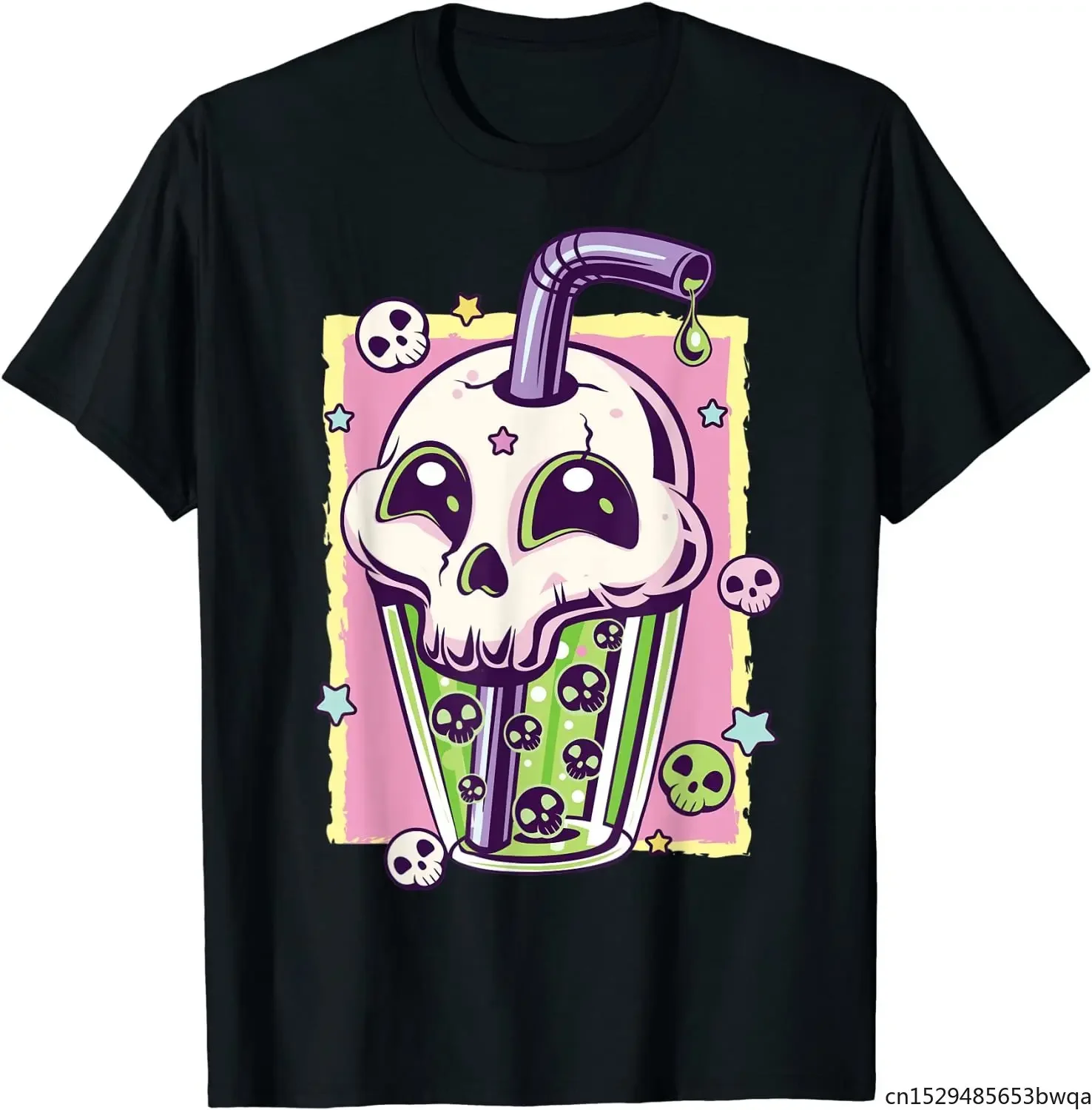 Kawaii Pastel Goth Creepy Skull Boba Bubble Tea Vaporwave T-Shirt Women Men Harajuku Aesthetic Tops Unisex Oversized