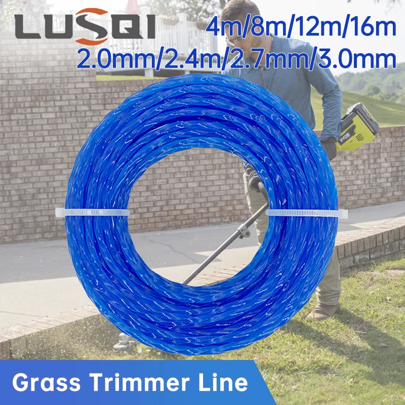 LUSQI 4m/8m/12m/16m*2.4mm/2.7mm/3mm Grass Trimmer Line Nylon Spiral Brush Cutter Rope Lawn Mower Head Accessory