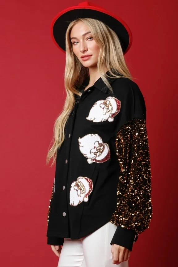 Dropshipping Sequined Santa Claus Graphic Jacket Velvet Sequin Sleeve Holiday Glam Meets Cozy Comfort Shacket