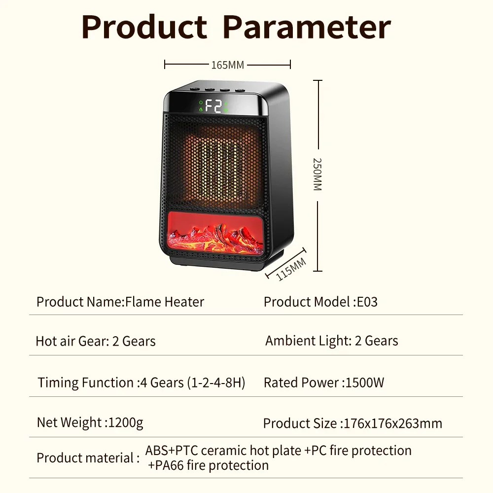 Calentador de llama dinámico 3D, calentador eléctrico portátil y temporable, calentamiento rápido, simulación dinámica 3D, decoración de chimenea de llama para uso doméstico