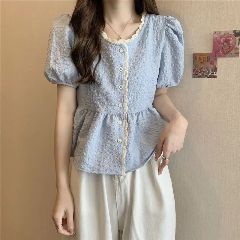 Ruffle Shirts and Blouses Korea Short Sleeve Top Women 2024 Summer Button Sweet Blouses Cute Elegant Solid Fashion Lace Clothes