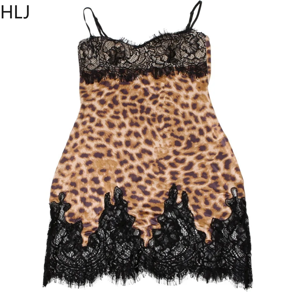 เดรสสายเดี่ยวลายเสือดาวผ้าลูกไม้เซ็กซี่ทรงเข้ารูปสำหรับผู้หญิง แขนกุด เปิดหลัง ทรงมินิเดรสแฟชั่น