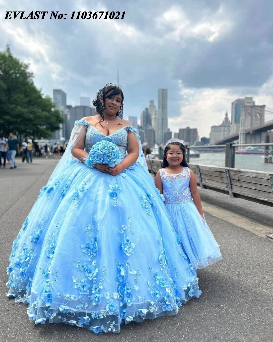 EVLAST Princess Sky Blue Quinnceanera Dress Ball Gown 3D Floral Lace Applique Beads With Cape Sweet 16 Vestidos De 15 Anos SQ511