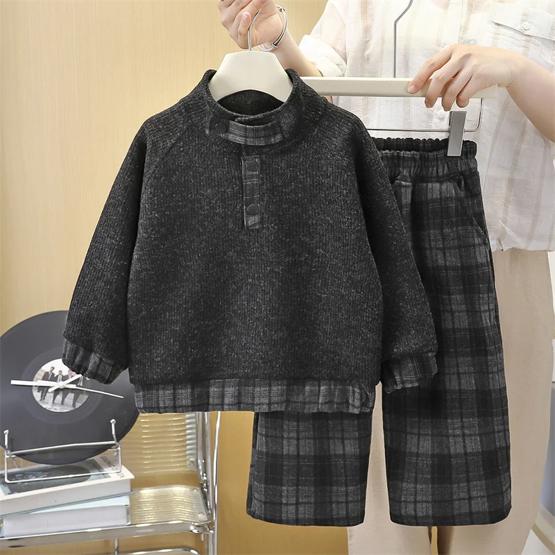 Kids Thick Clothes Suits Boys Fashion Mid-Neck Sweater Loose Trousers 2Pcs Children Autumn Winter Thermal Comfort Clothing view 2