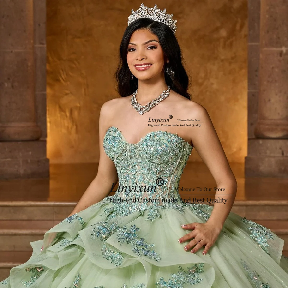 Mint Green Ball Gown Quinceanera Dress With Applique Sequins Birthday Sweet 16 Gowns Cape Tiered Mexican Vestidos De 15 Año