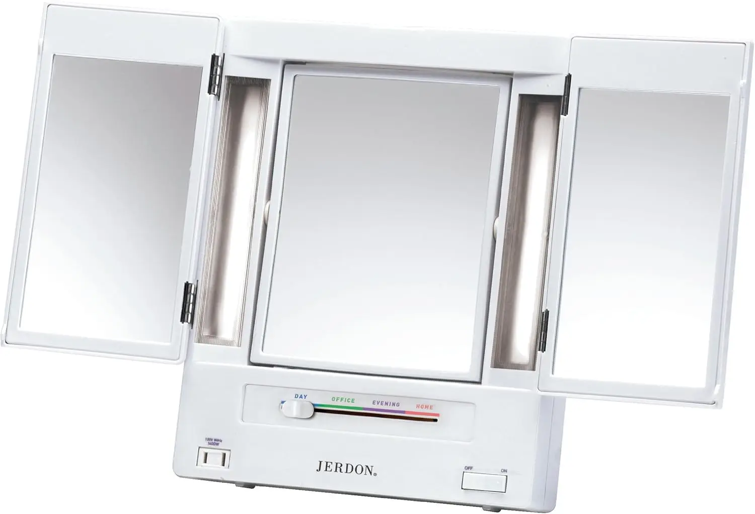 

JERDON Tri-Fold Two-Sided Makeup Mirror with Lights - Vanity Mirror with 5X Magnification & Multiple Light Settings - White Base