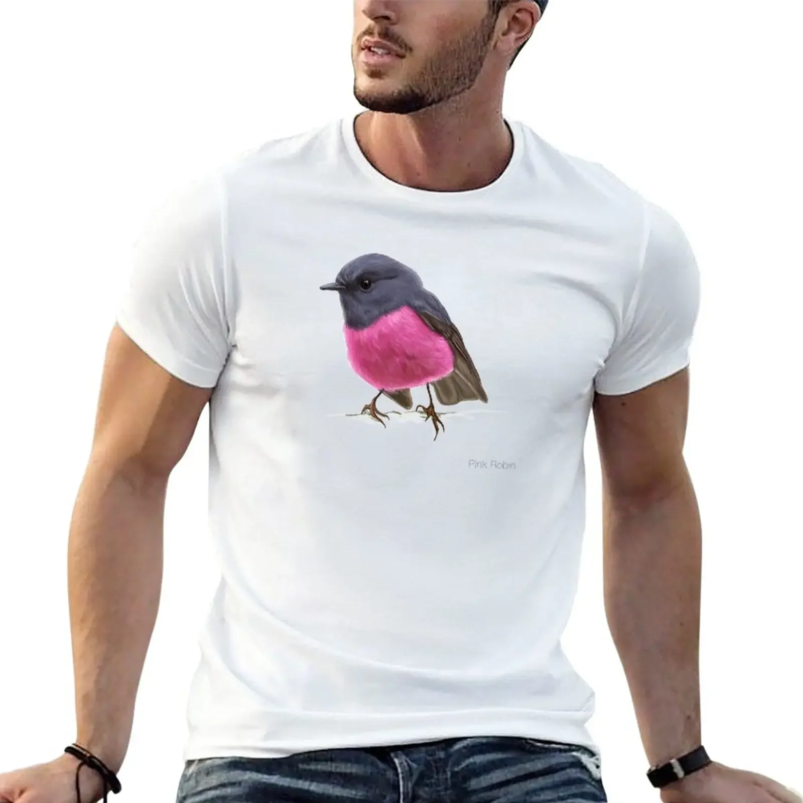 Pink Robin Detailed Song Bird Illustration T-Shirt summer tops blanks boys whites mens workout shirts