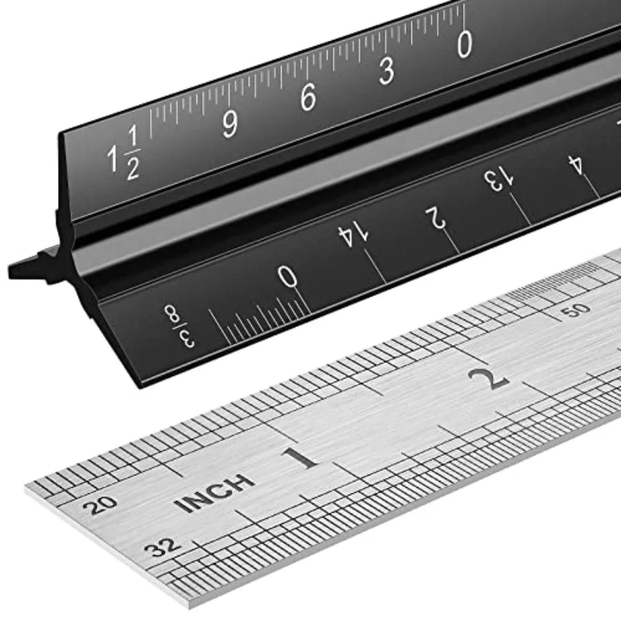 

Architectural Scale Ruler Set for drafting and design, aluminum and metal, silver, precision-etched imperial scales, dual 12-in