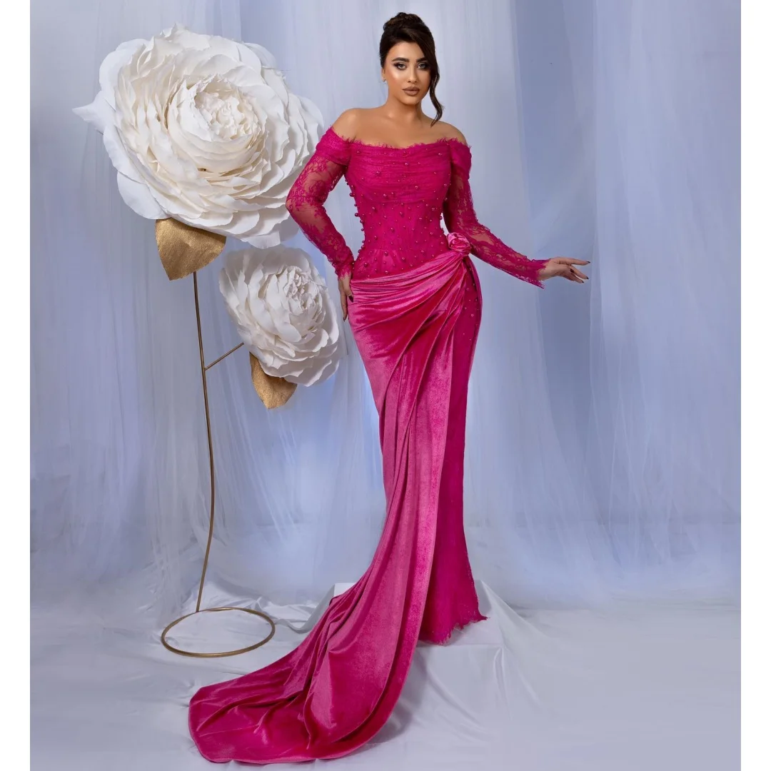 

Fuchsia Mermaid Evening Dresses with Pearls Long Sleeved Prom Dress Over Skirt Exquisite Lace Wedding Party Gown Customized