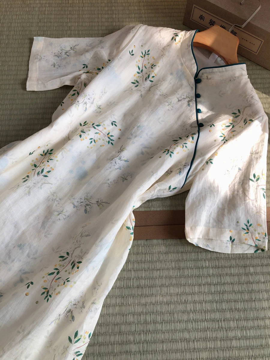 Katoen Linnen Qipao Dr Vrouwen Zomer Leeftijd Verlagen Bloemenprint A-lijn Rok Sle Casual Faion Stand Kraag ort Sve