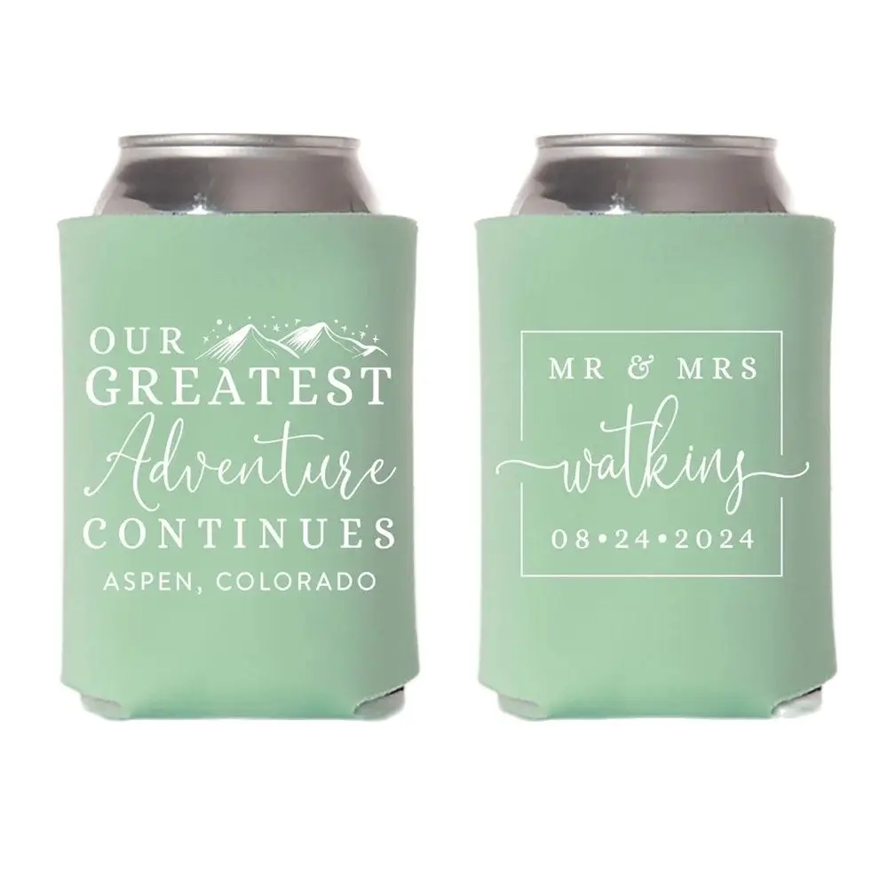 Wedding Can Cooler #164R - Our Greatest Adventure Continues -Custom - Wedding Favors, Insulated, Beer Huggers, Wedding Favor, Be