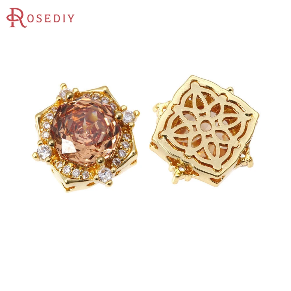 

2PCS 18K Gold Color Brass and Zircon Rose Flower Spacer Beads Bracelets High Quality Necklace Jewelry Diy Accessories Making